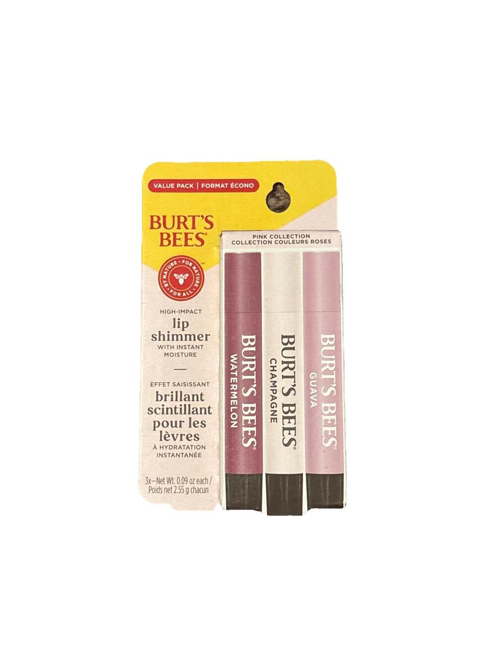 Burt’s Bees Set of 3 Lip Shimmer Pink Collection Pack Watermelon/Champagne/Guava